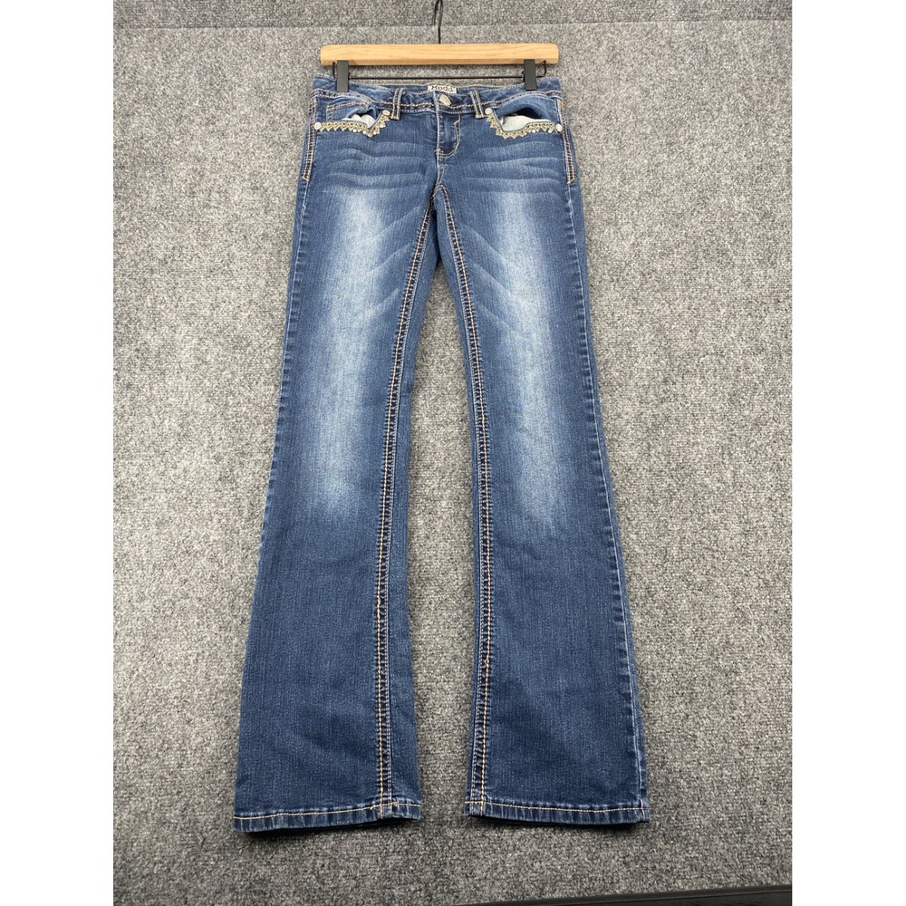 Mudd Flare Leg Jeans Women Size 5 Blue Denim Embroidered Embellished Low Y2K
